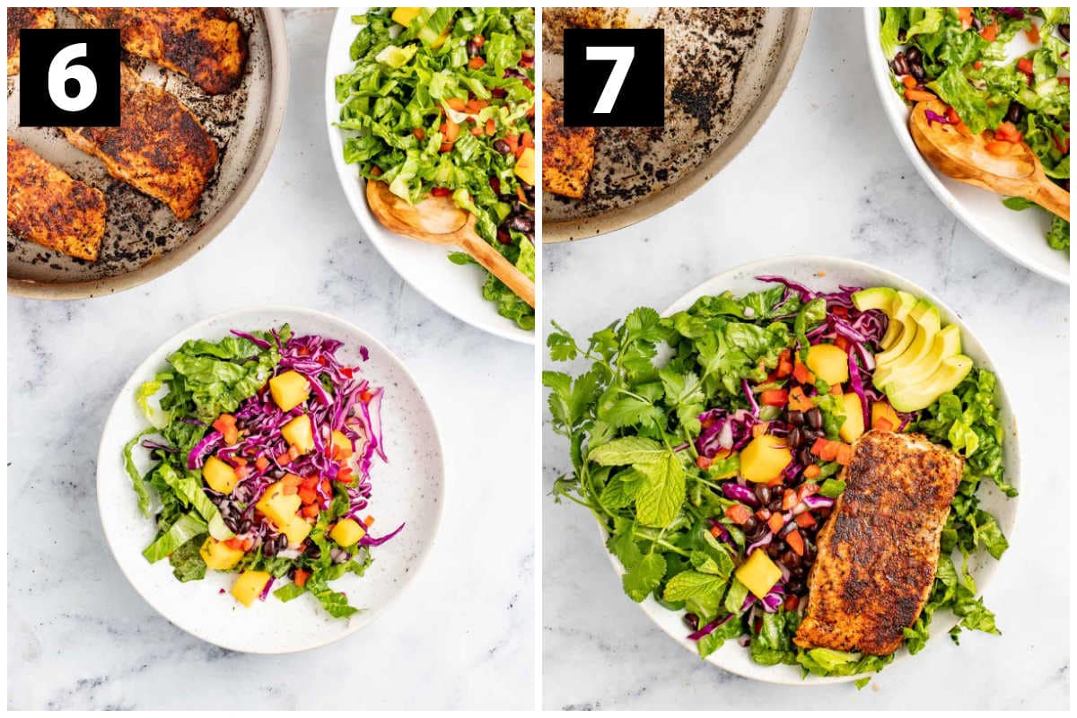 adding the salmon to the salad