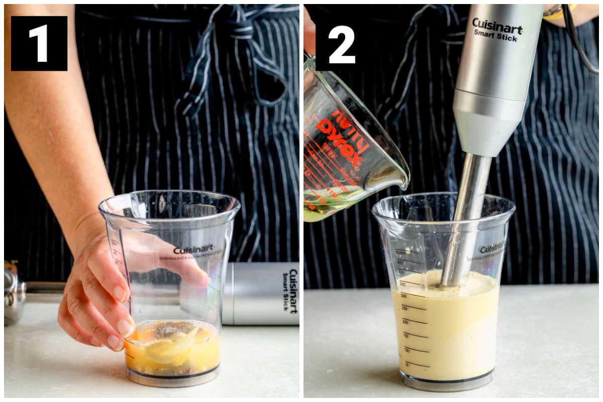 mixing caesar in an immersion blender jar