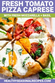 fresh tomato pizza caprese with text overlay