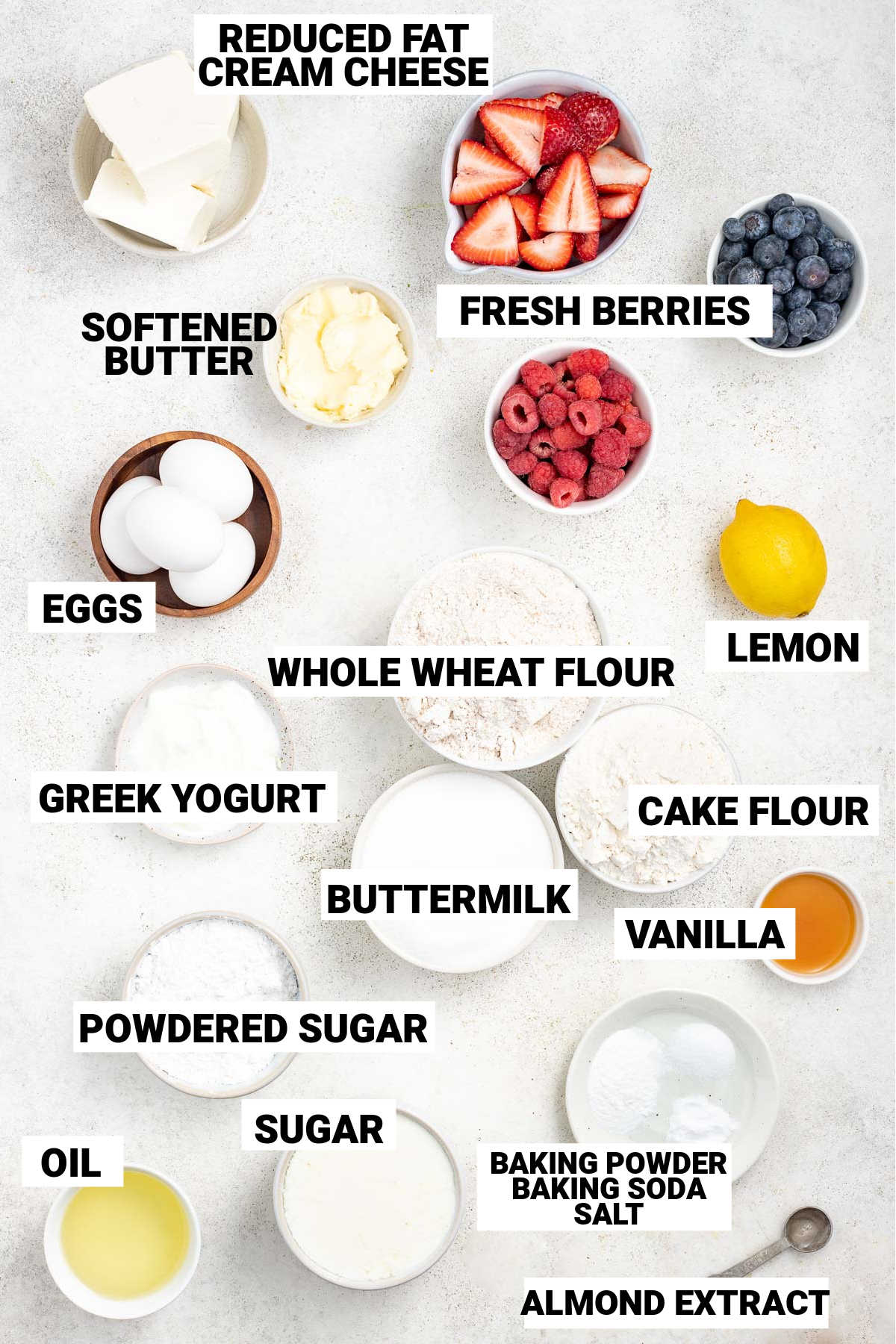 Flag cake ingredients on a white table