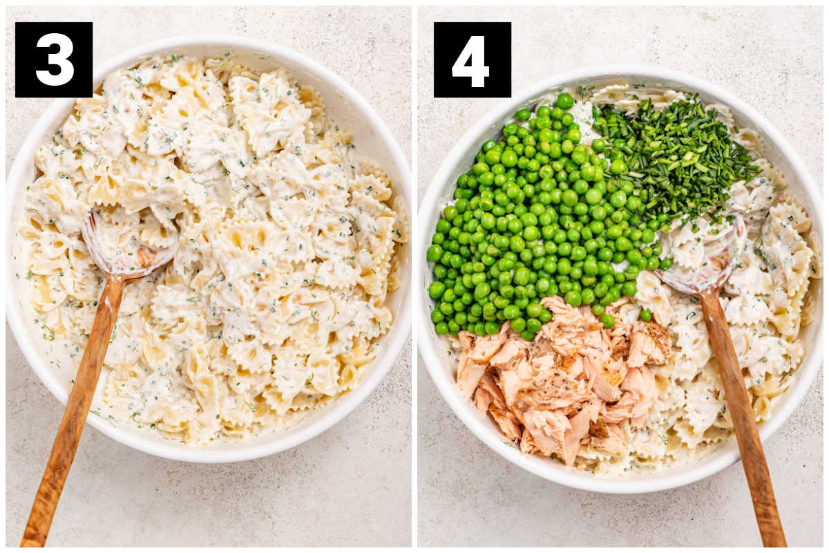 coat the pasta with the dressing and then add the peas, salmon, and chives