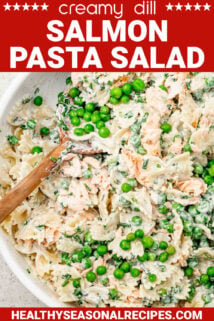 creamy salmon pasta salad with peas and cooked salmon