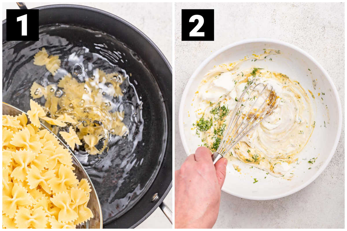 cook pasta and make creamy dressing