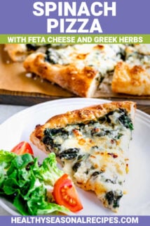 spinach pizza with text overlay