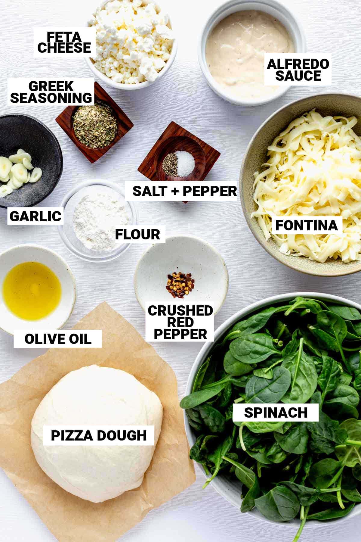 the ingredients for spinache pizza with text overlay