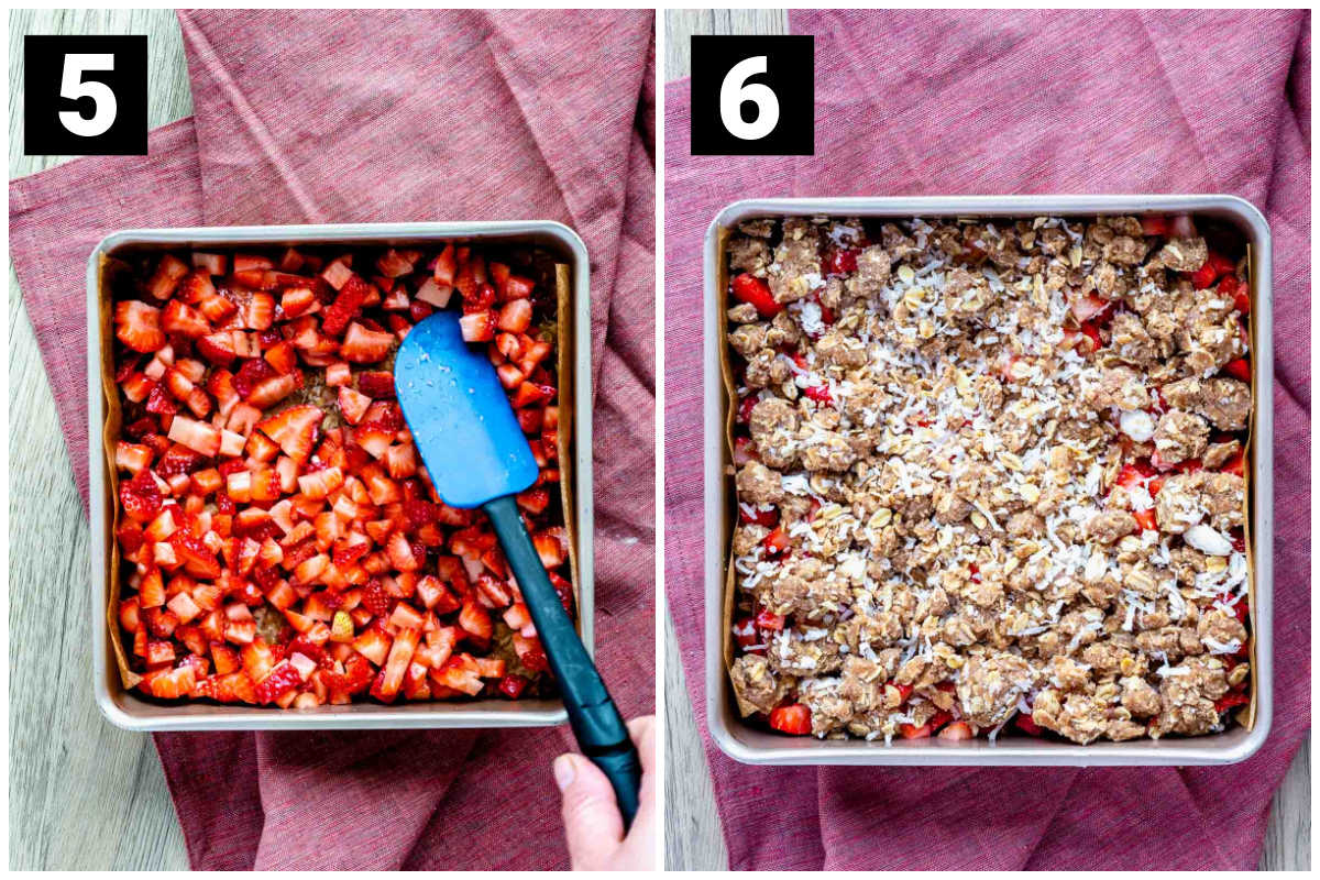 mix the strawberry filling and add it to the pan, then sprinkle on crumble topping