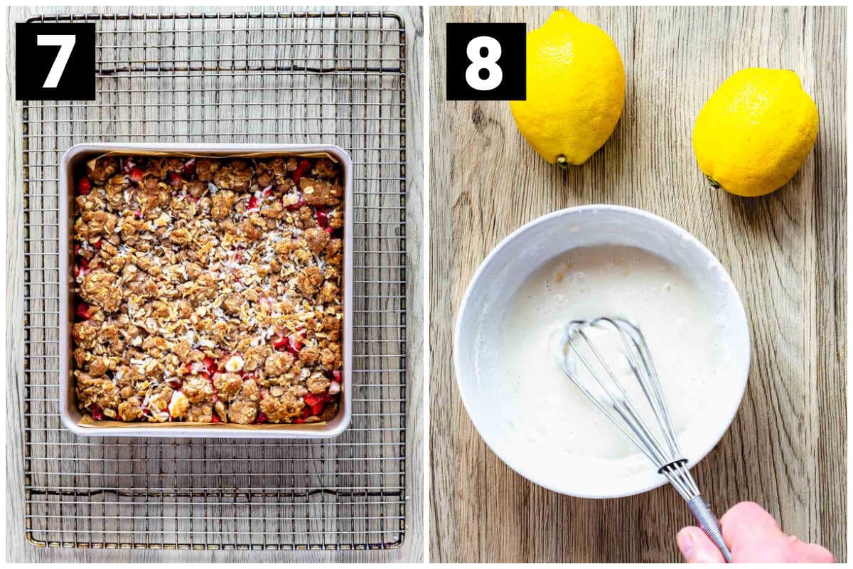 bake the crumble bars and mix together the icing