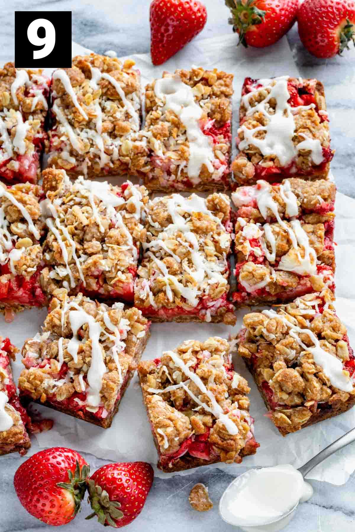 cut the oatmeal bars into squares once they're cooled and then drizzle them with the lemon glaze icing