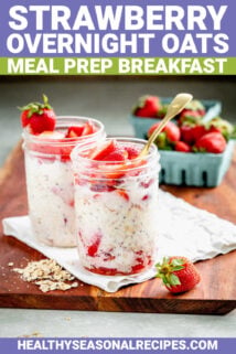 two mason jars of overnight oats with strawberries with meal prep breakfast text overlay