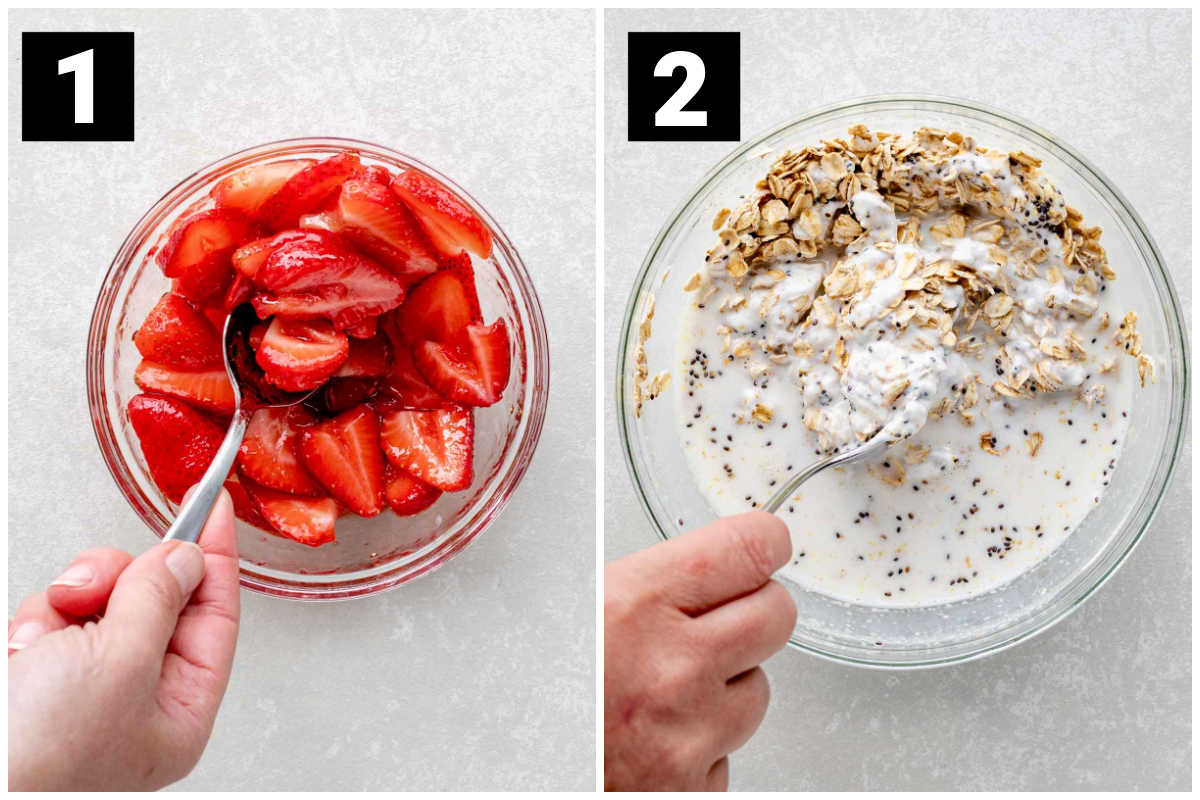 coat strawberries with honey and then combine the oat mixture