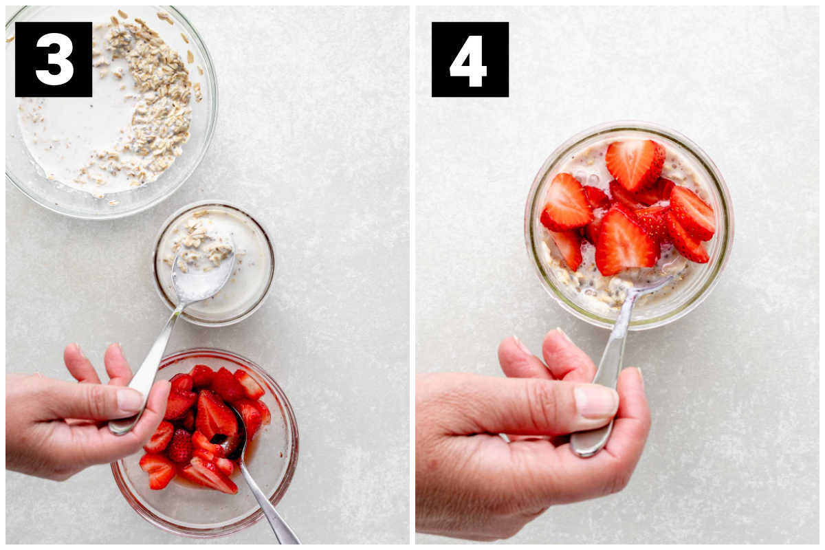 assemble the mason jars with strawberries on the bottom and oat mixture spooned on top, then add strawberries on top for garnish