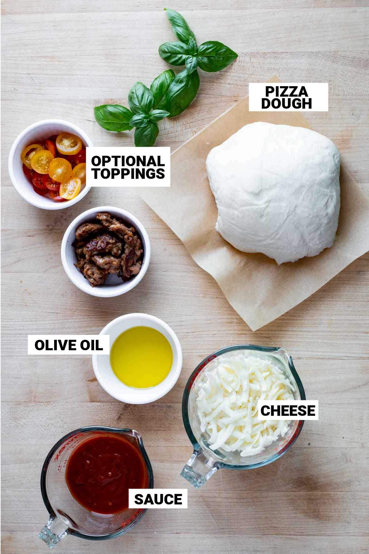 grilled pizza ingredients on counter with text overlay