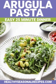 easy arugula pasta with text overlay