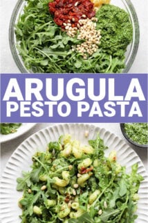 arugula pesto pasta with text overlay