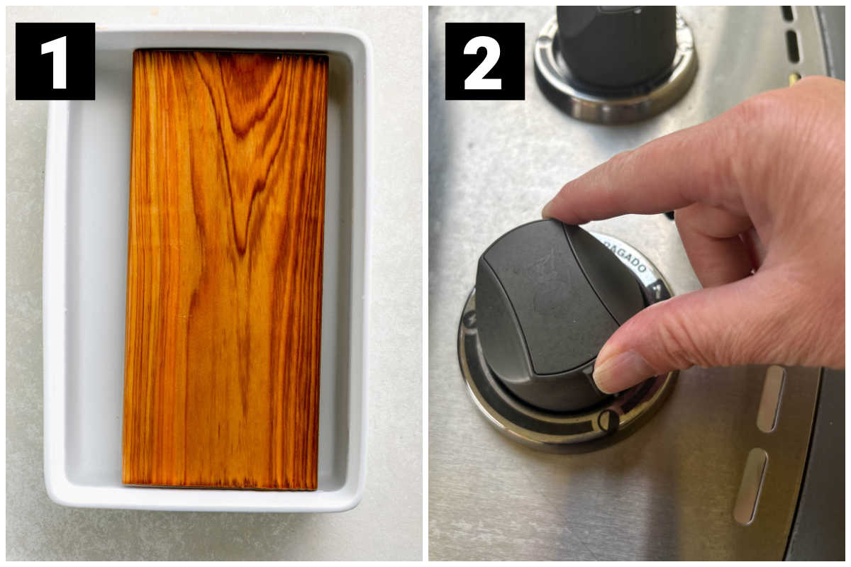 soak the cedar plank (on left) and turning on the grill (on right)