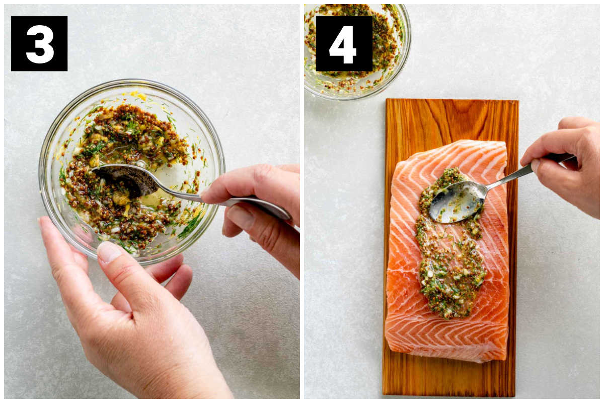 the mustard, lemon and herb mix and pepping the salmon before grilling