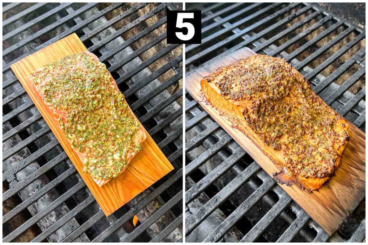 the salmon on the grill before and after cooking
