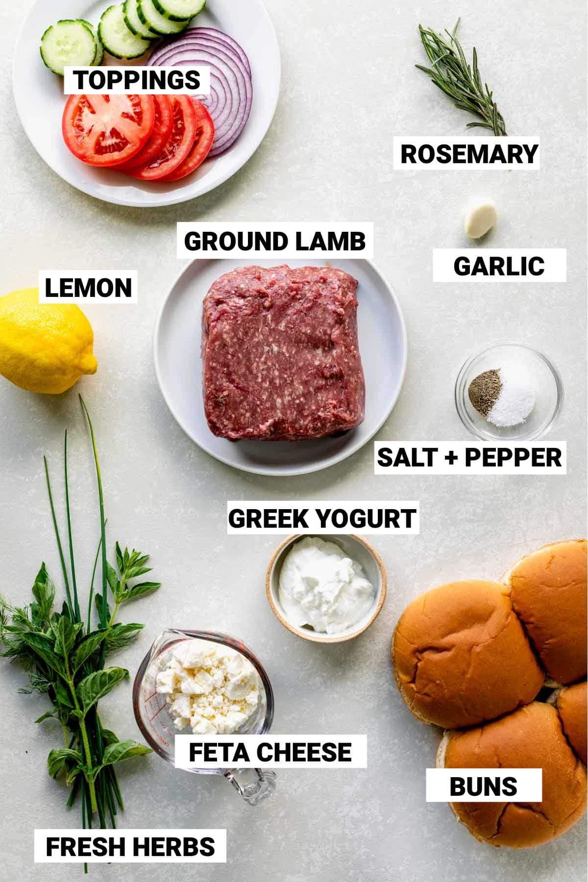 the ingredients for the lamb burgers with text overlay
