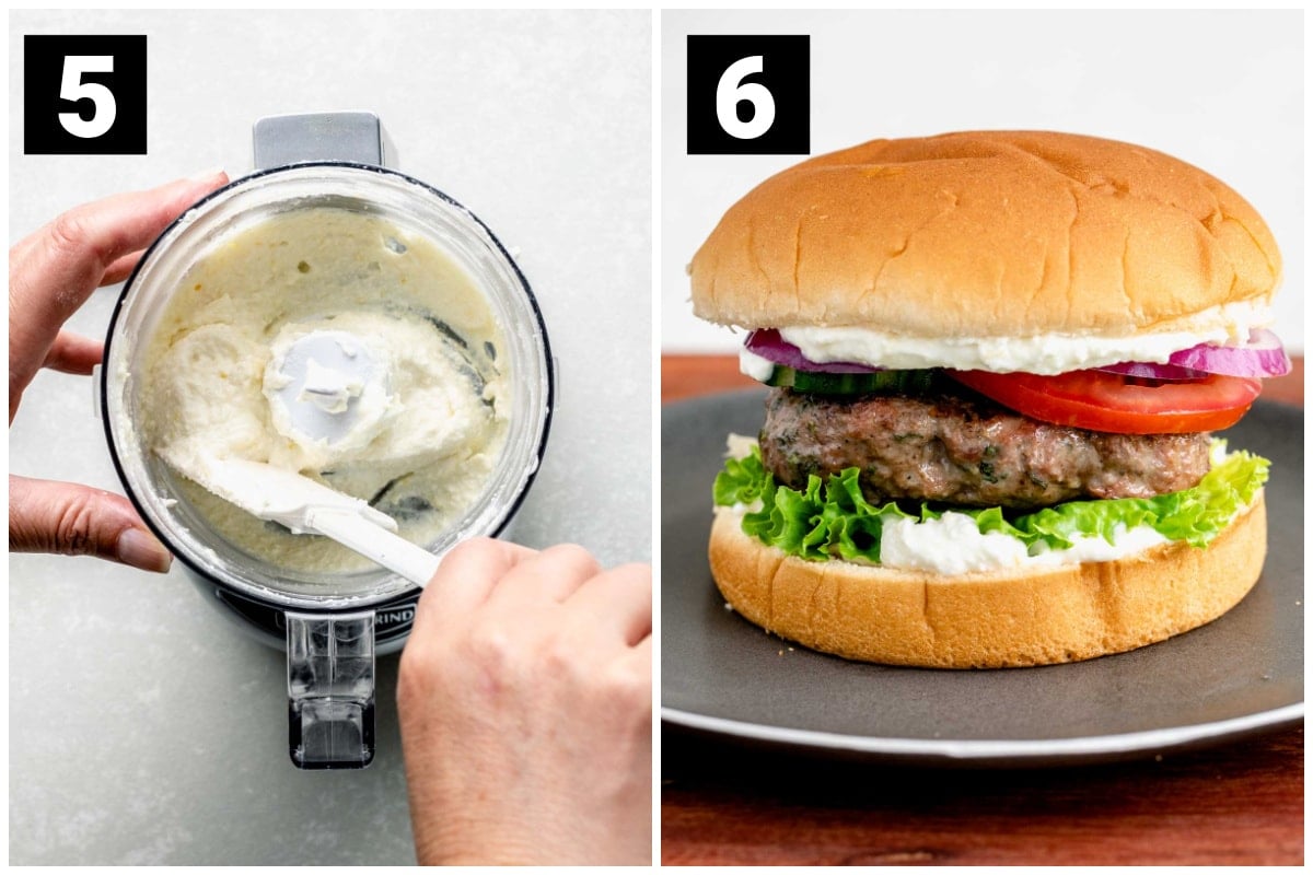 mixing the whipped feta on the left and the assembled burger with toppings on the right