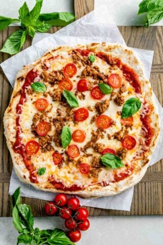 overhead photo of pizza on the grill