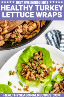a lettuce wrap on a plate with the skillet next to it with text overlay