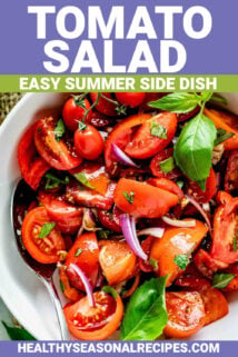close-up of the tomato salad with text overlay