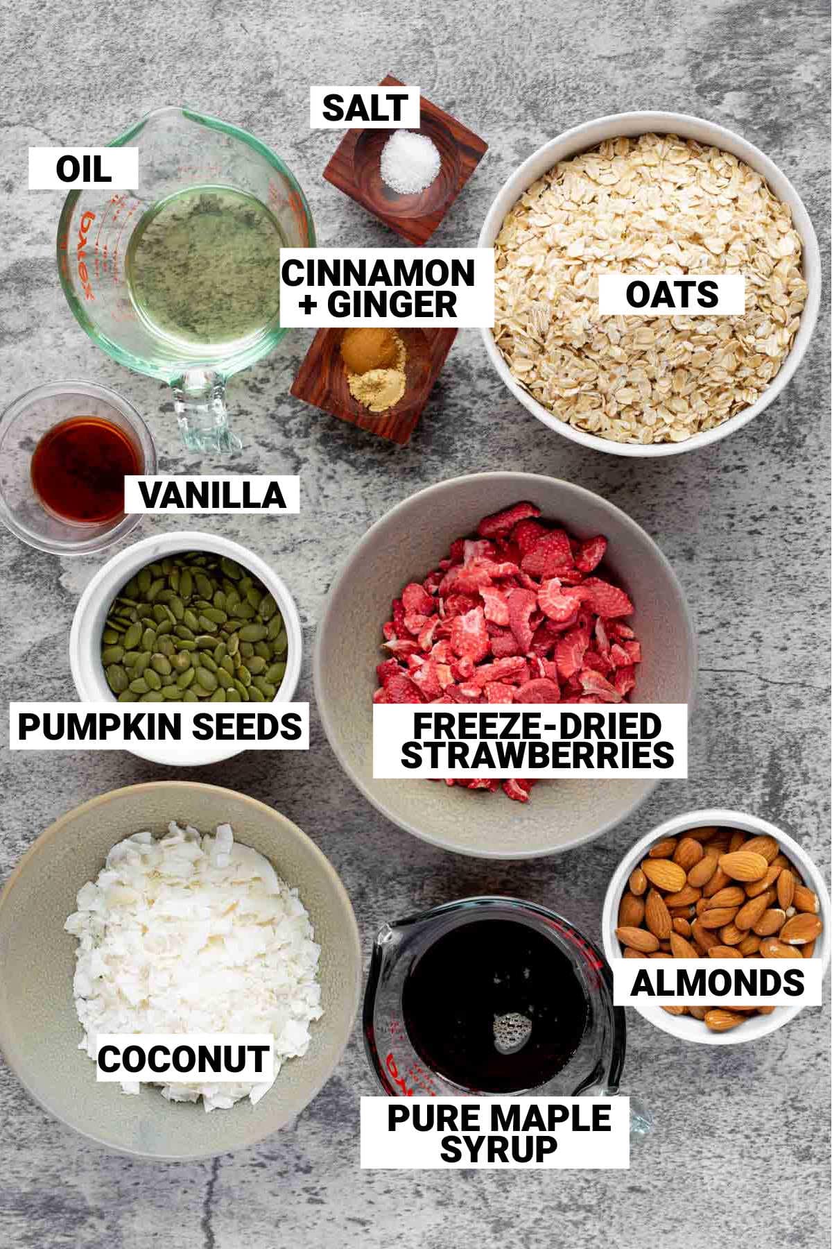 the ingredients for the strawberry granola with text labels