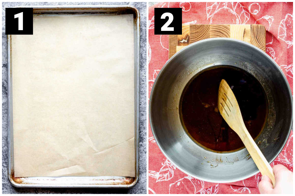 Add parchment to a sheet pan and mix the sweetener and seasonings