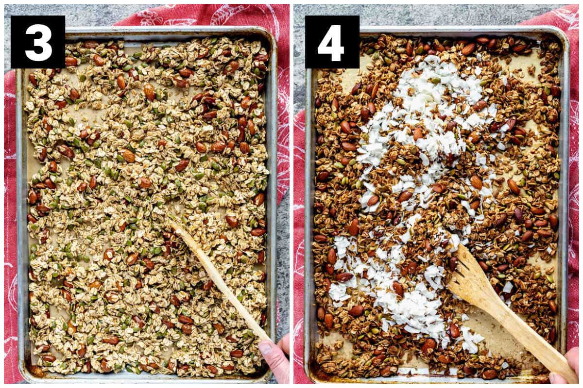 add the rolled oats, nuts, and seeds, then bake. Add the coconut flakes and bake again.