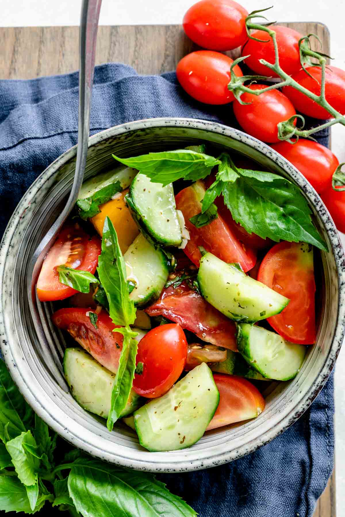 a serving of the salad in a ceramic bowl with a fork