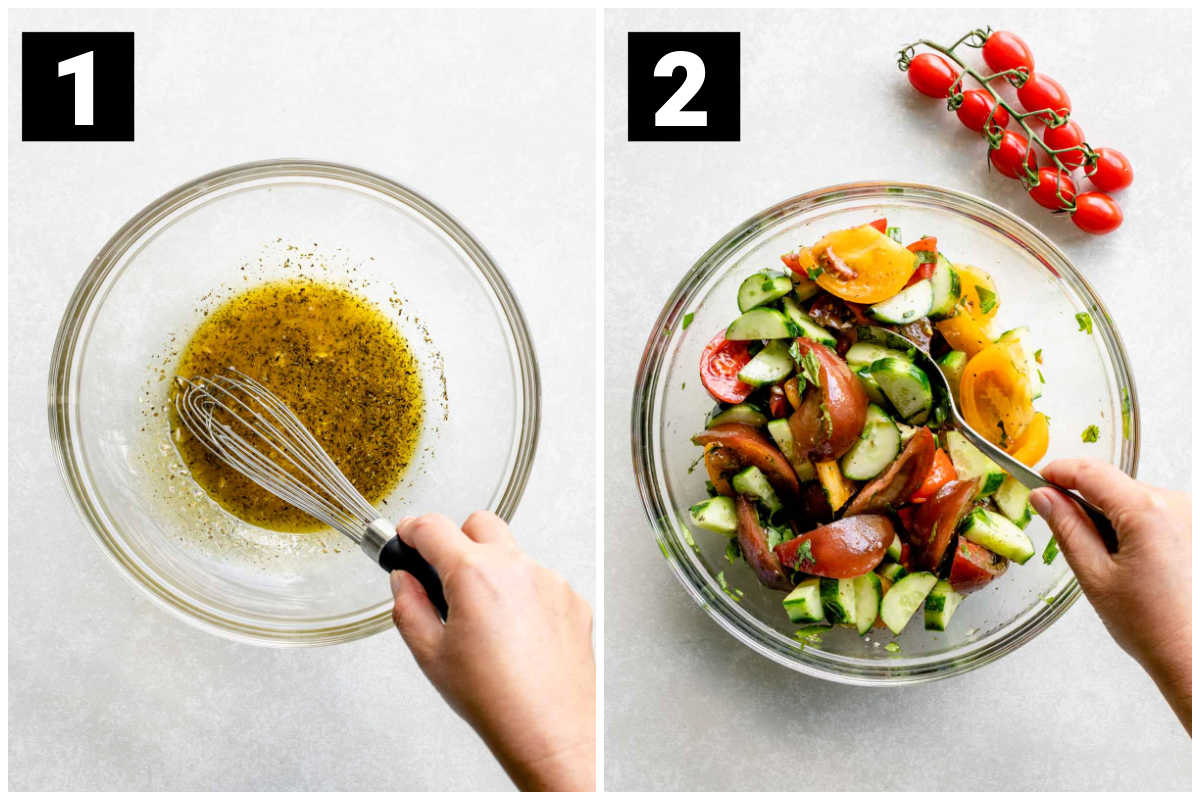 whisking the dressign (on the left) and stirring in the tomatoes and cucumbers on the right