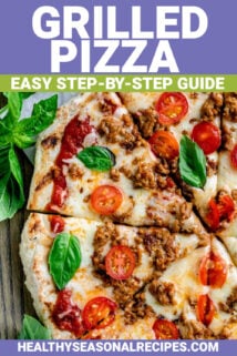 close-up of the grilled pizza with text overlay