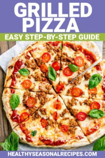 overhead view of the cut grilled pizza with text overlay