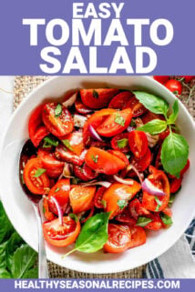 close-up of the tomato salad with text overlay