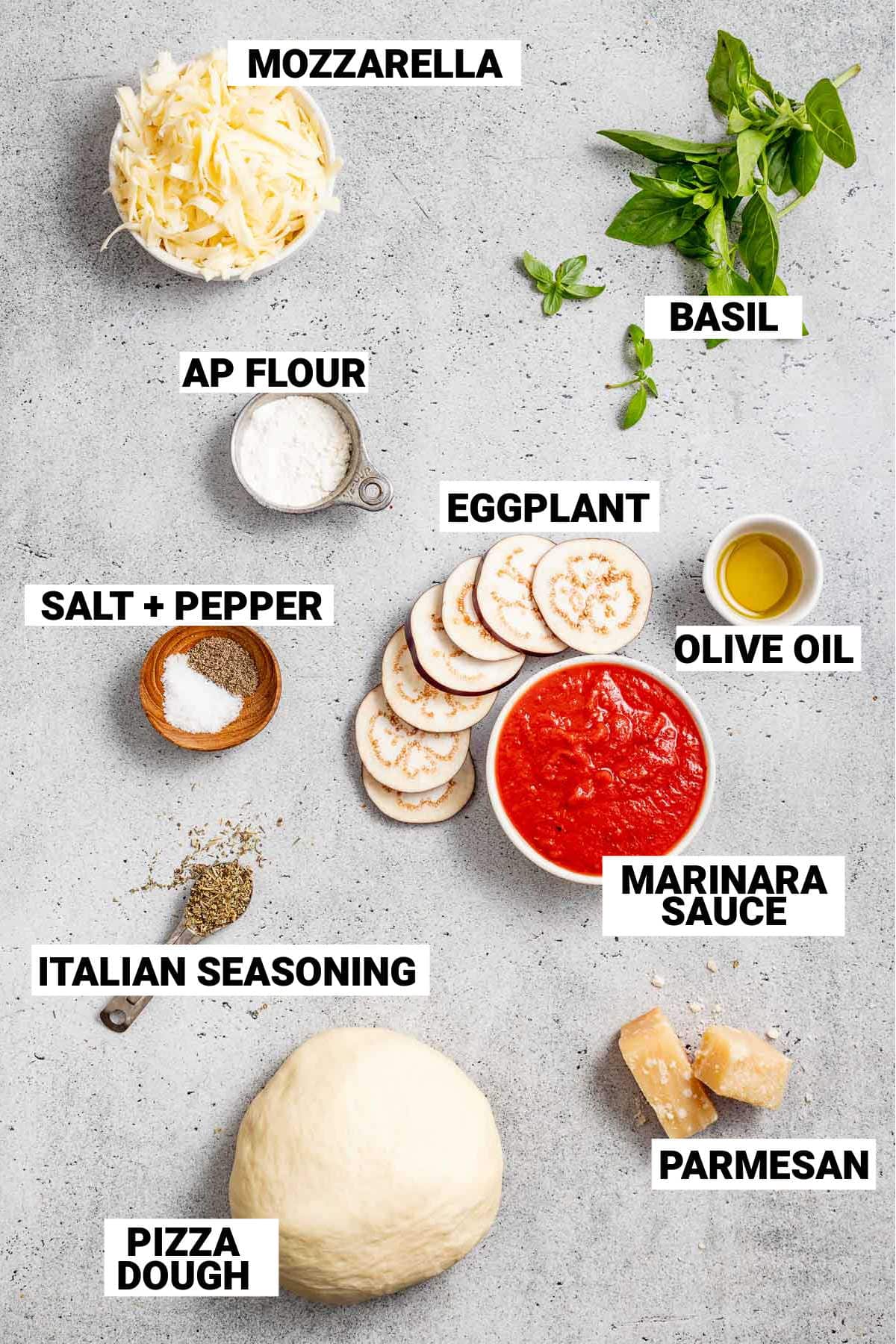 eggplant pizza ingredients with text overlay