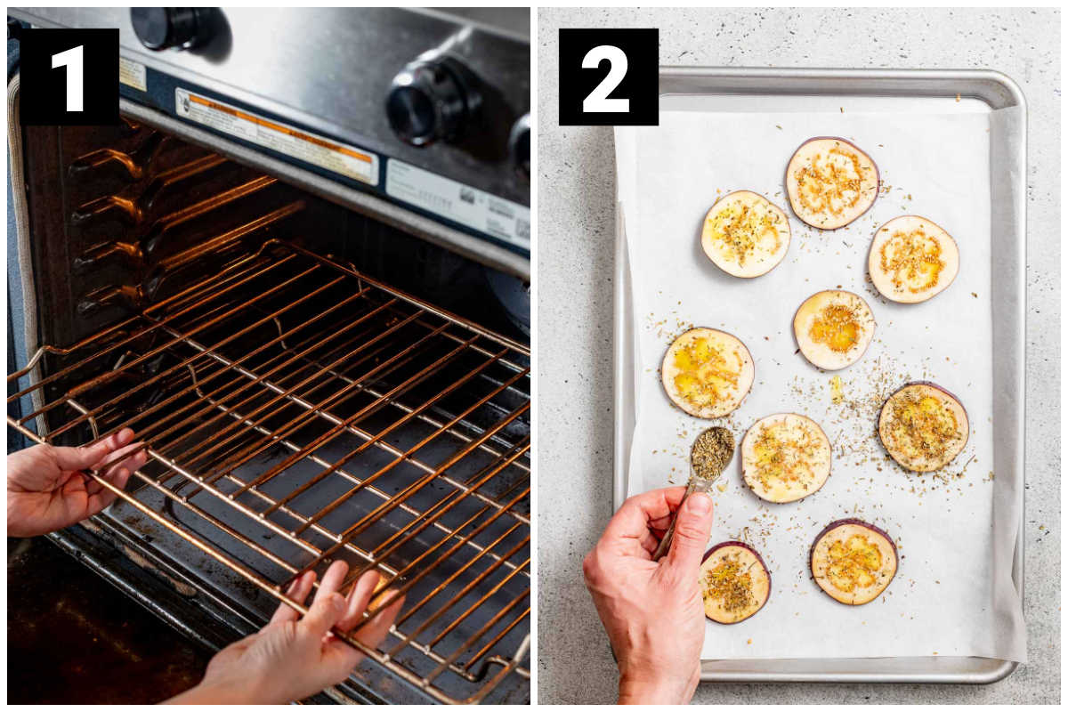 preparing the oven and seasoning the eggplant