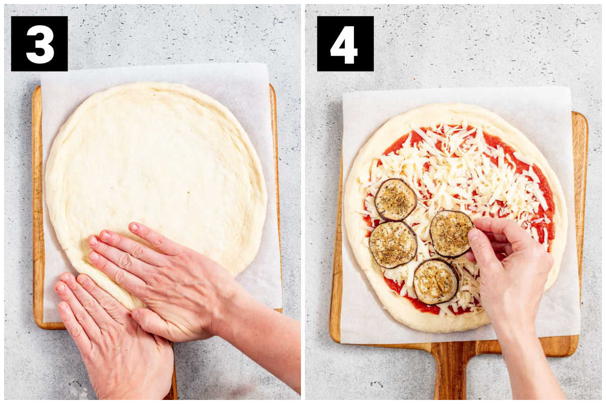 preparing the pizza dough and eggplant toppings