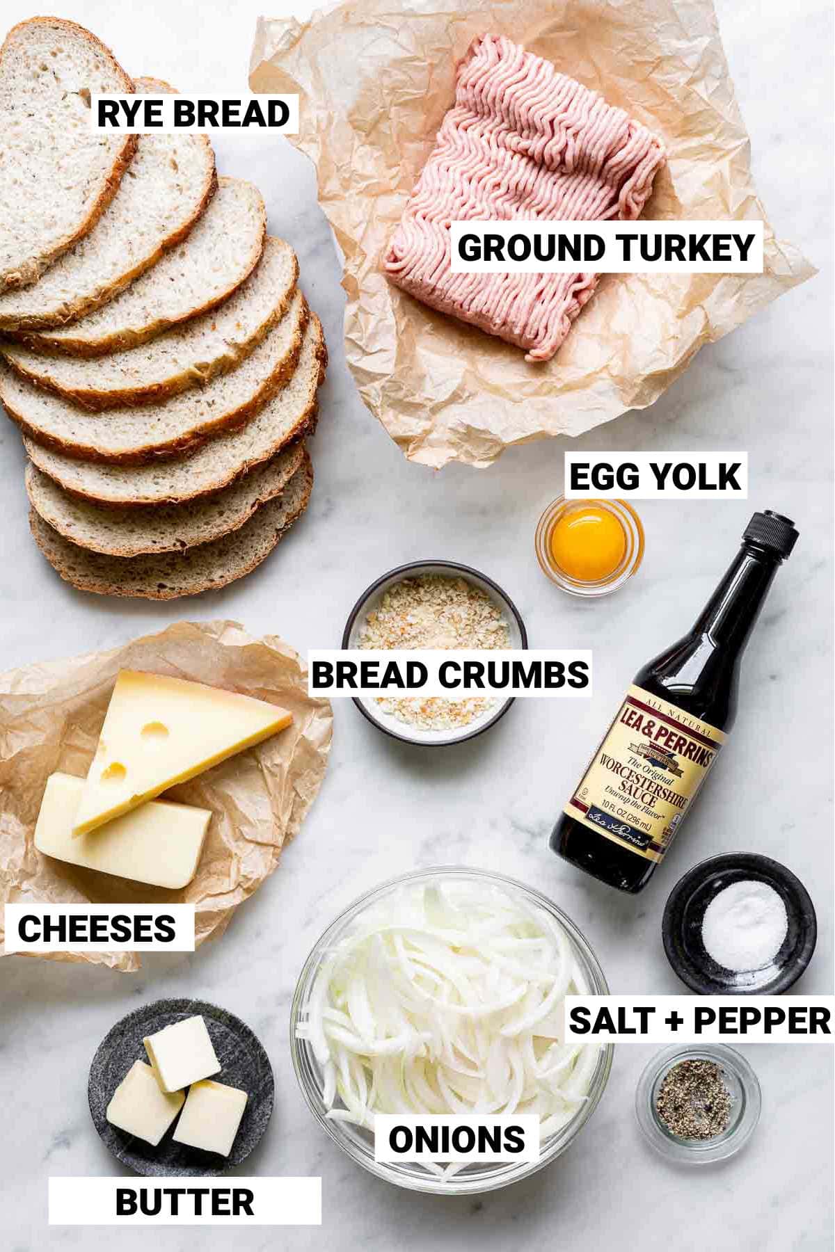 ground turkey patty melt ingredients with text overlay