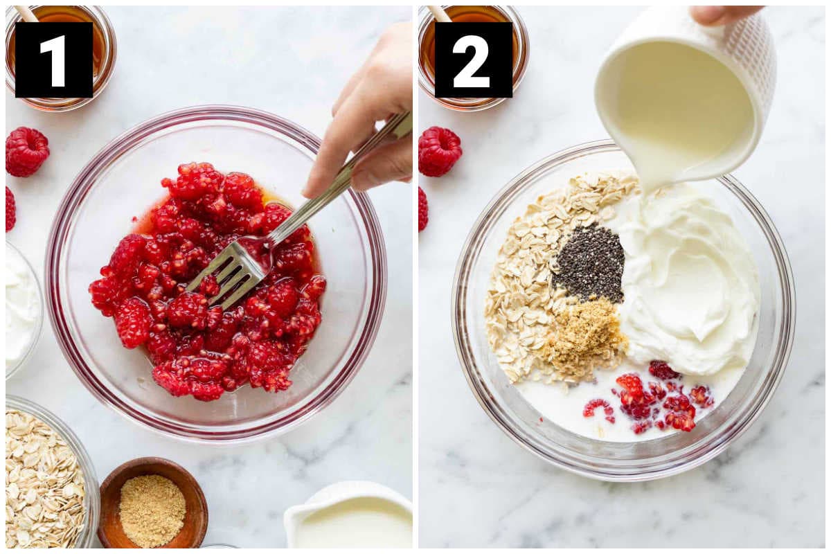 mashing the raspberries in a bowl and mixing the ingredients in a bowl