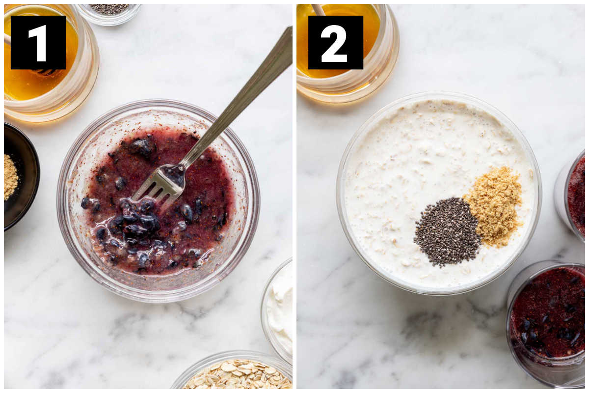 Step 1 on the left with a bowl full of mashed blueberries. Step 2 is on the right with a bowl full of the overnight oat mixture topped with flax and chia seeds