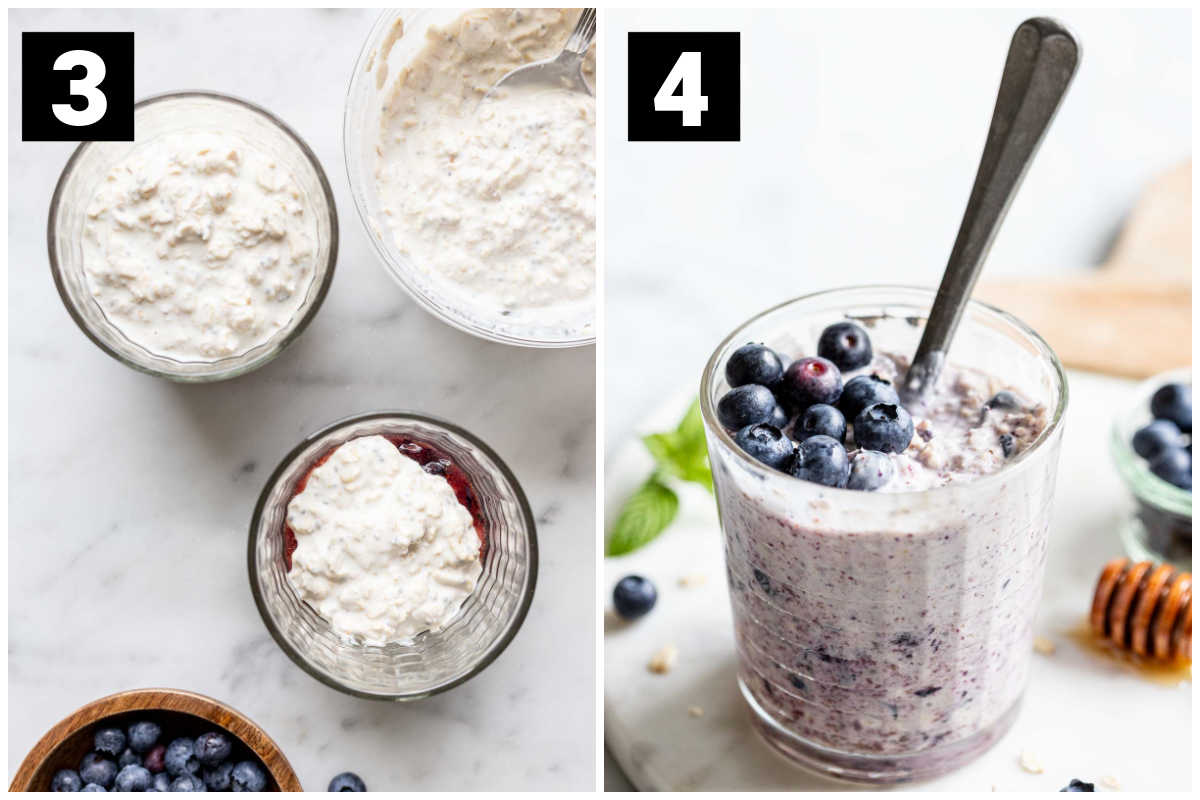 Step 3 on the left is the overnight oats being spooned on top of the mashed blueberry mixture and step 4 on the right is the jar of overnight oats after it has refrigerated throughout the night and then been stirred up and topped with blueberries