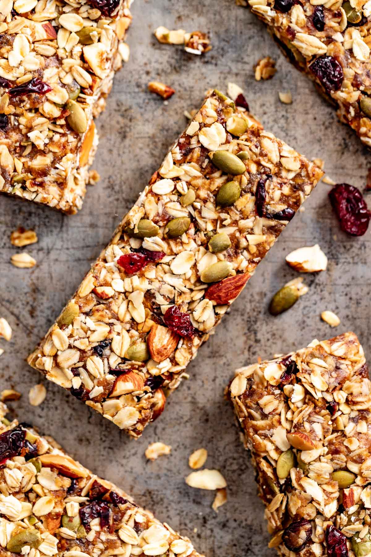 homemade granola bars cut into rectangles on cookie sheet