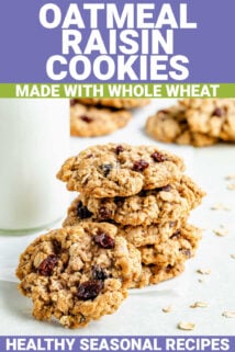 oatmeal raisin cookies made with whole wheat flour and mixed with raisins stacked on top of each other on a piece of parchment paper with text on the top