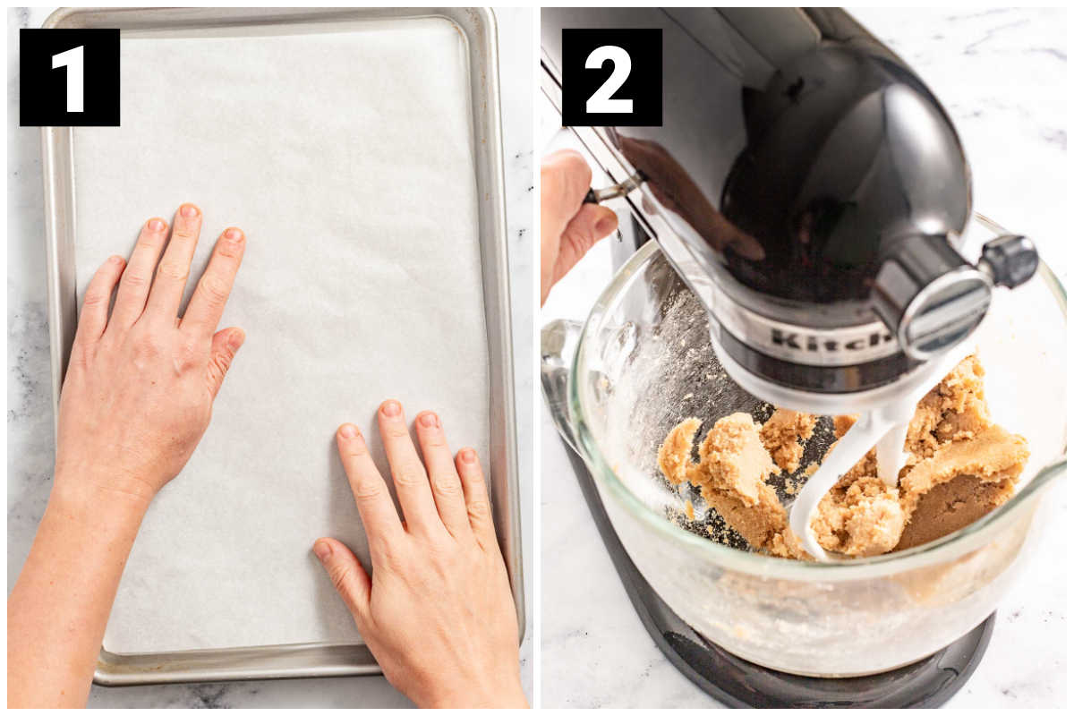 parchment lined baking sheet on the left with the number 1 on it, and a black kitchen aid stand mixer with dough in it and the letter 2 over it.
