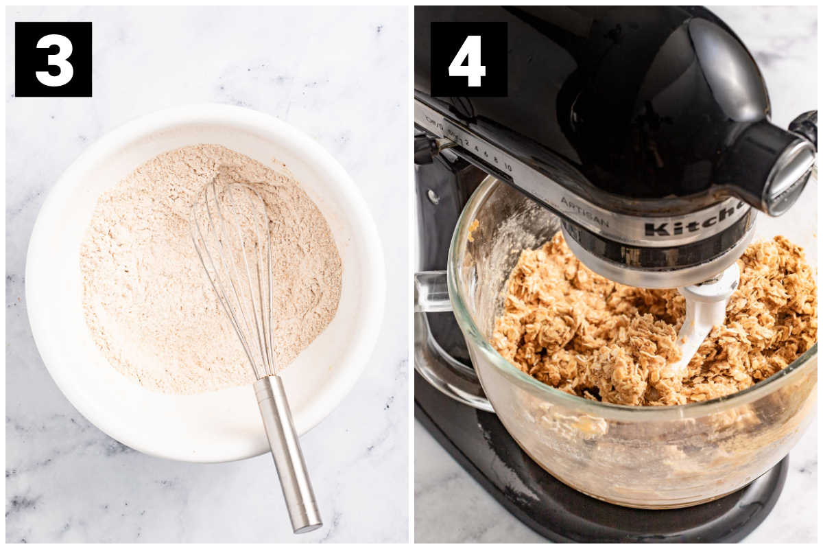 a white bowl full of dry ingredients with a whisk and a number 3 on top, and the black kitchen aid stand mixer combining the dough with a number 4 over it