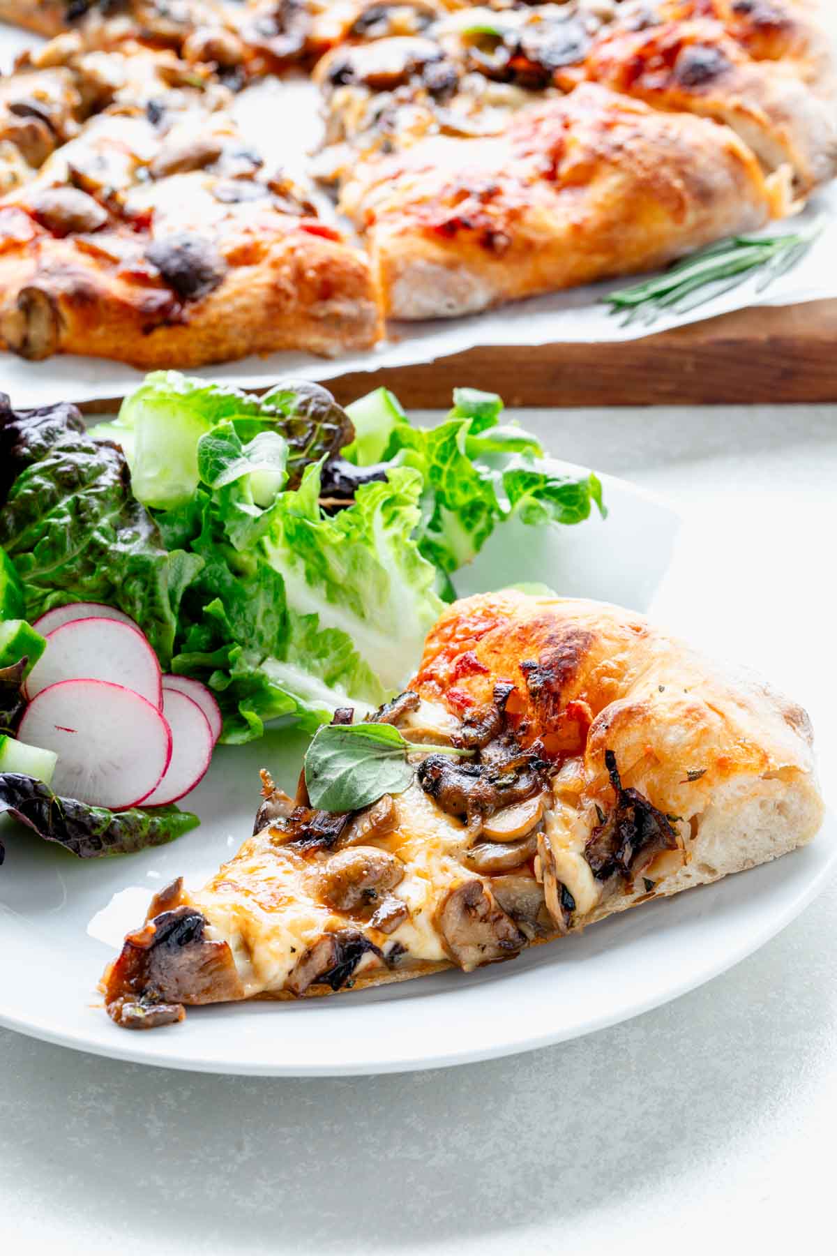 pizza with fungi slice on circular white dish with simple salad to the side