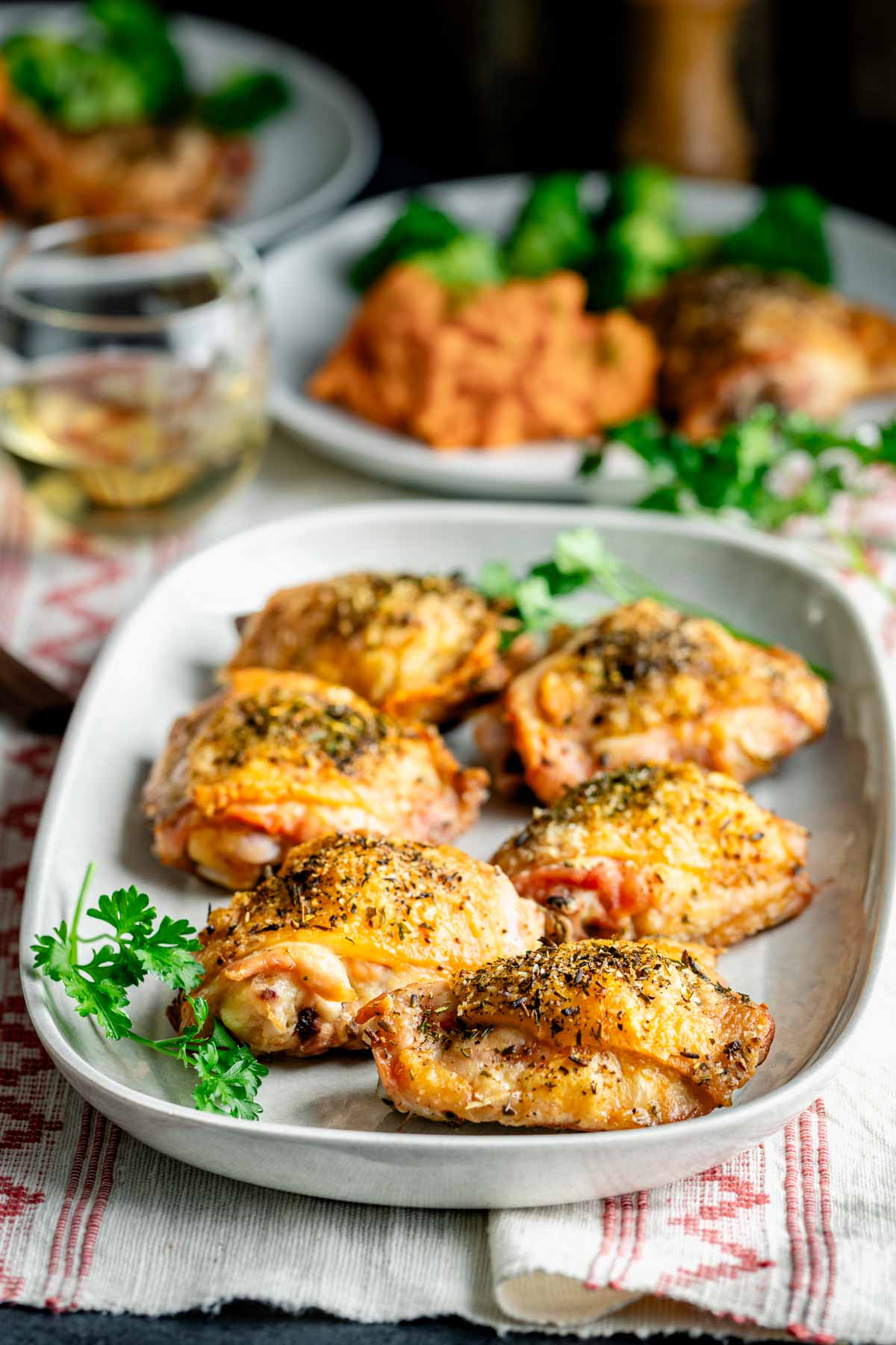 side view of the platter of baked thighs