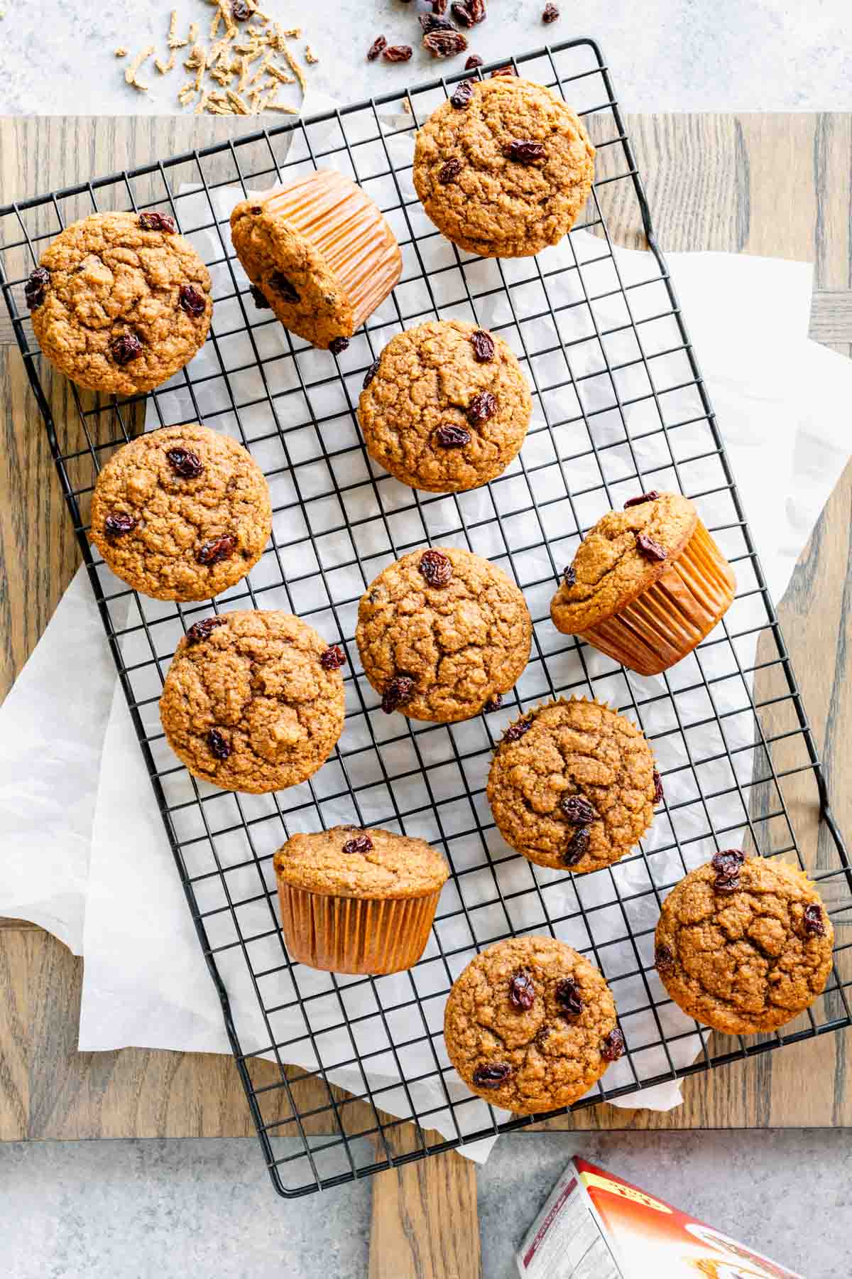the bran muffins from overhead on a cooling rack