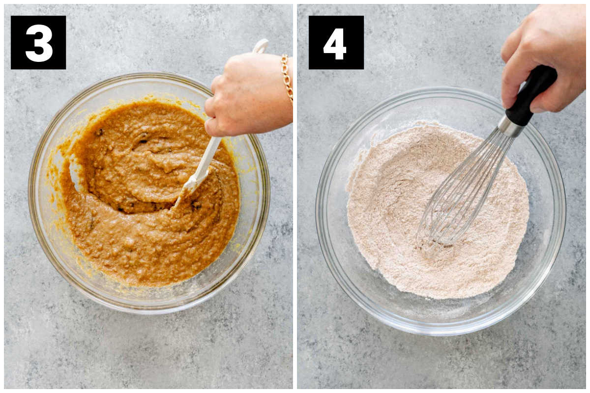mix wet ingredients with the softened wheat bran and in a separate bowl whisk the flour and dry ingredients