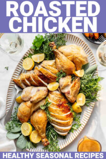 carved chicken on a platter with text overlay